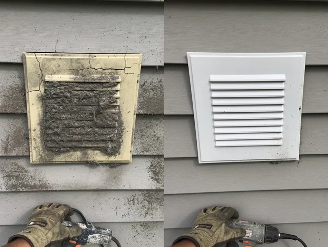 Sharon Dryer Vent Cleaning technician installing high-quality dryer vent cover at a residential property in Sharon