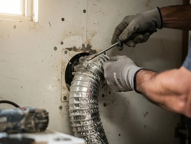 Sharon Dryer Vent Cleaning technician performing precise dryer vent hose installation in Sharon